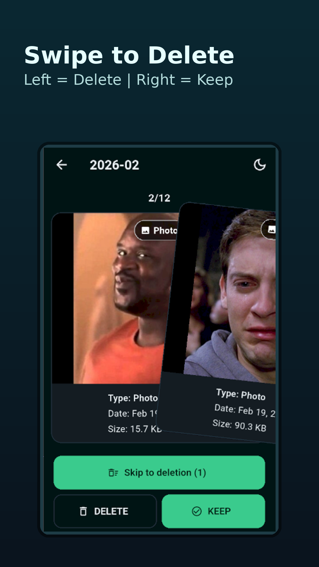 Tela de swipe — esquerda = deletar, direita = manter