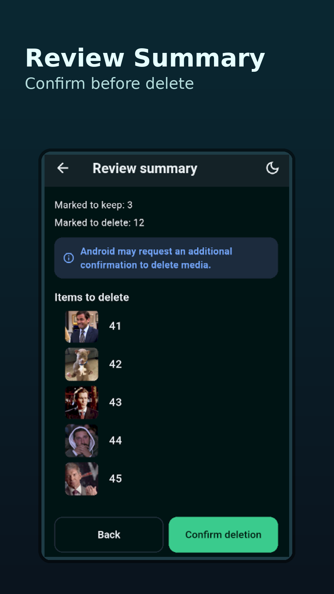 Resumo e confirmação — revise antes de excluir